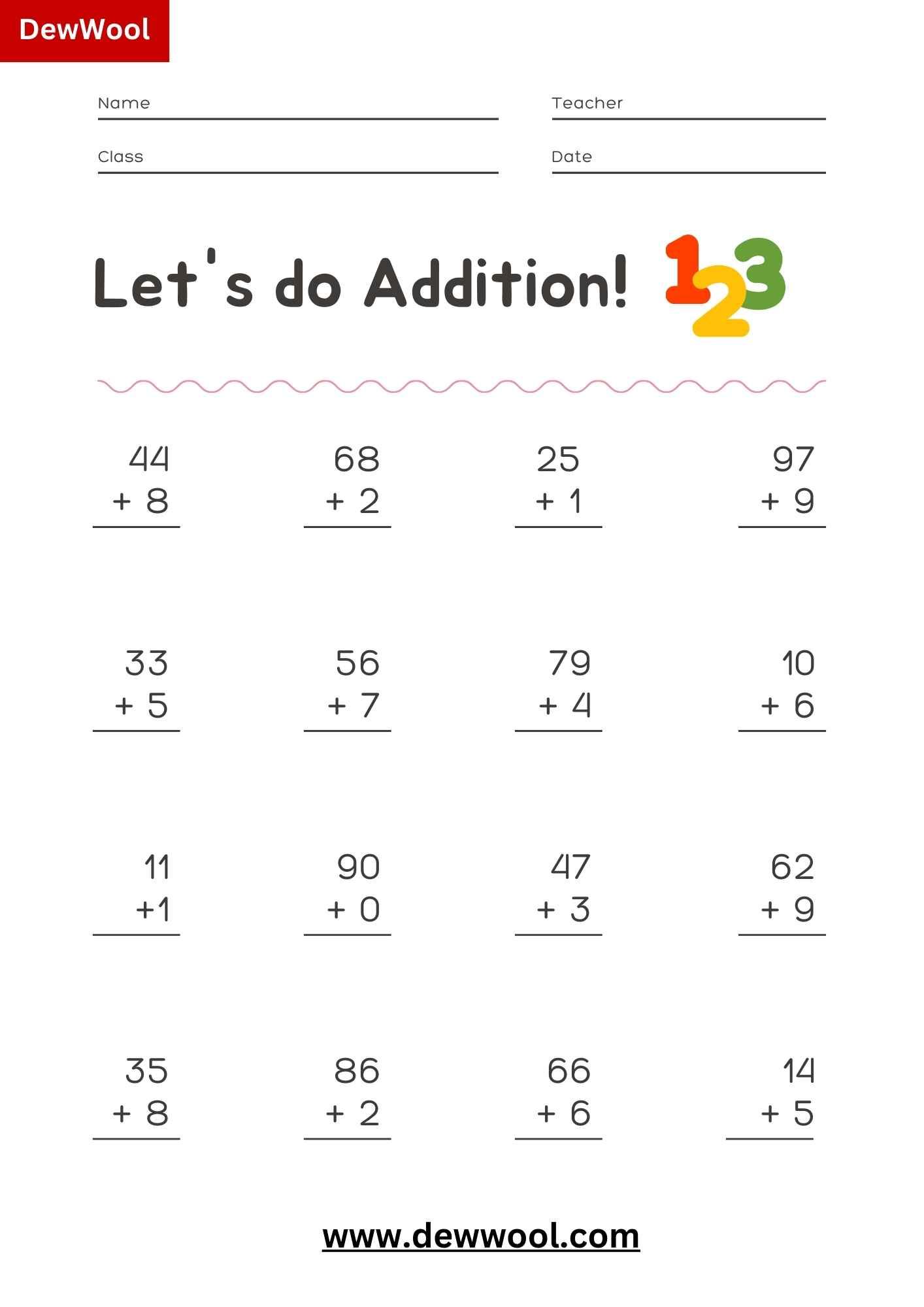 10 Free DoubleDigit and Singledigit addition Worksheets Grade 1