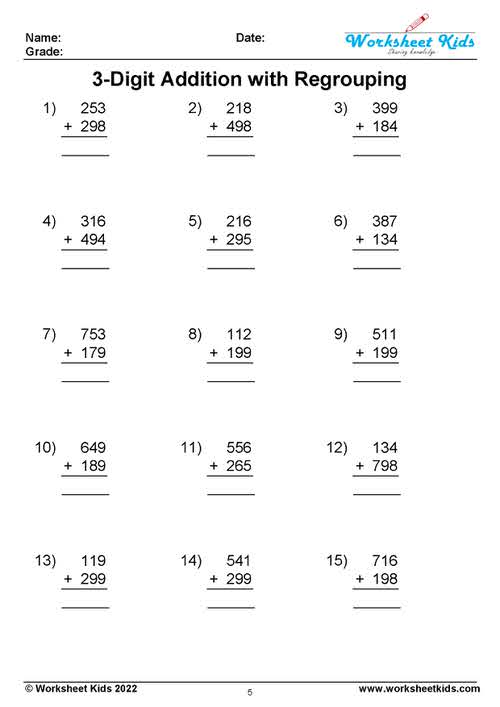 15 3Digit Addition with Regrouping Worksheet for 2nd and 3rd Grade