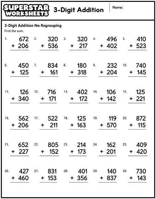 25 3Digit Addition Worksheets Superstar Worksheets