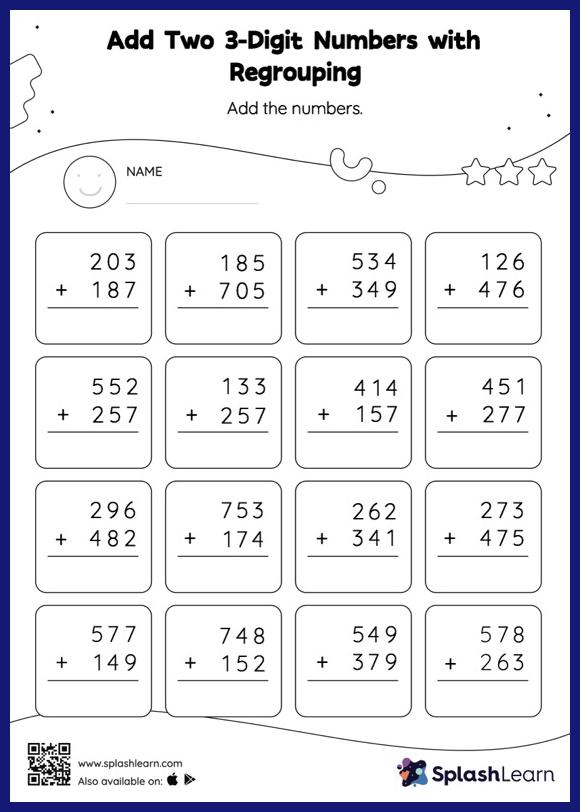 25 Add Two 3Digit Numbers with Regrouping Vertical Addition Worksheet