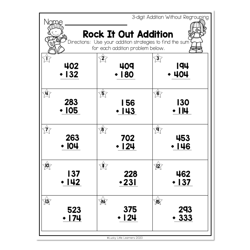 2nd Grade Math Worksheets 3Digit Addition Without Regrouping Rock
