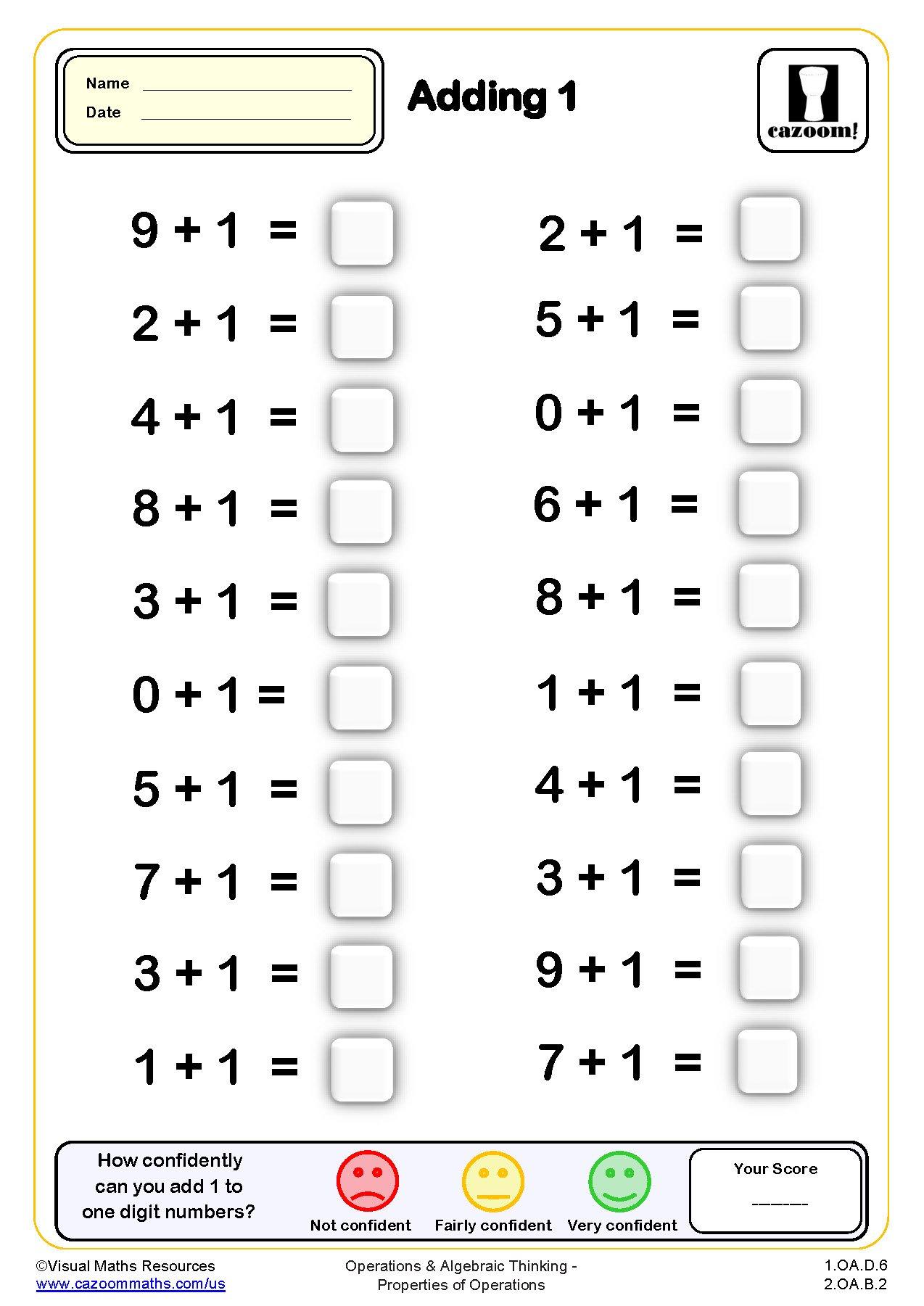 Adding 1 Drills Worksheet 20 questions Grade 1 PDF Addition Worksheets