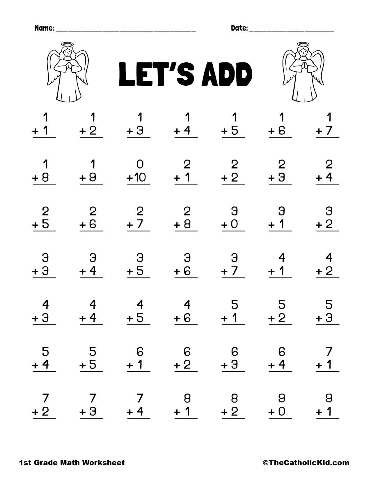 Lets Add 1st Grade Math Angel Worksheet Catholic Themed