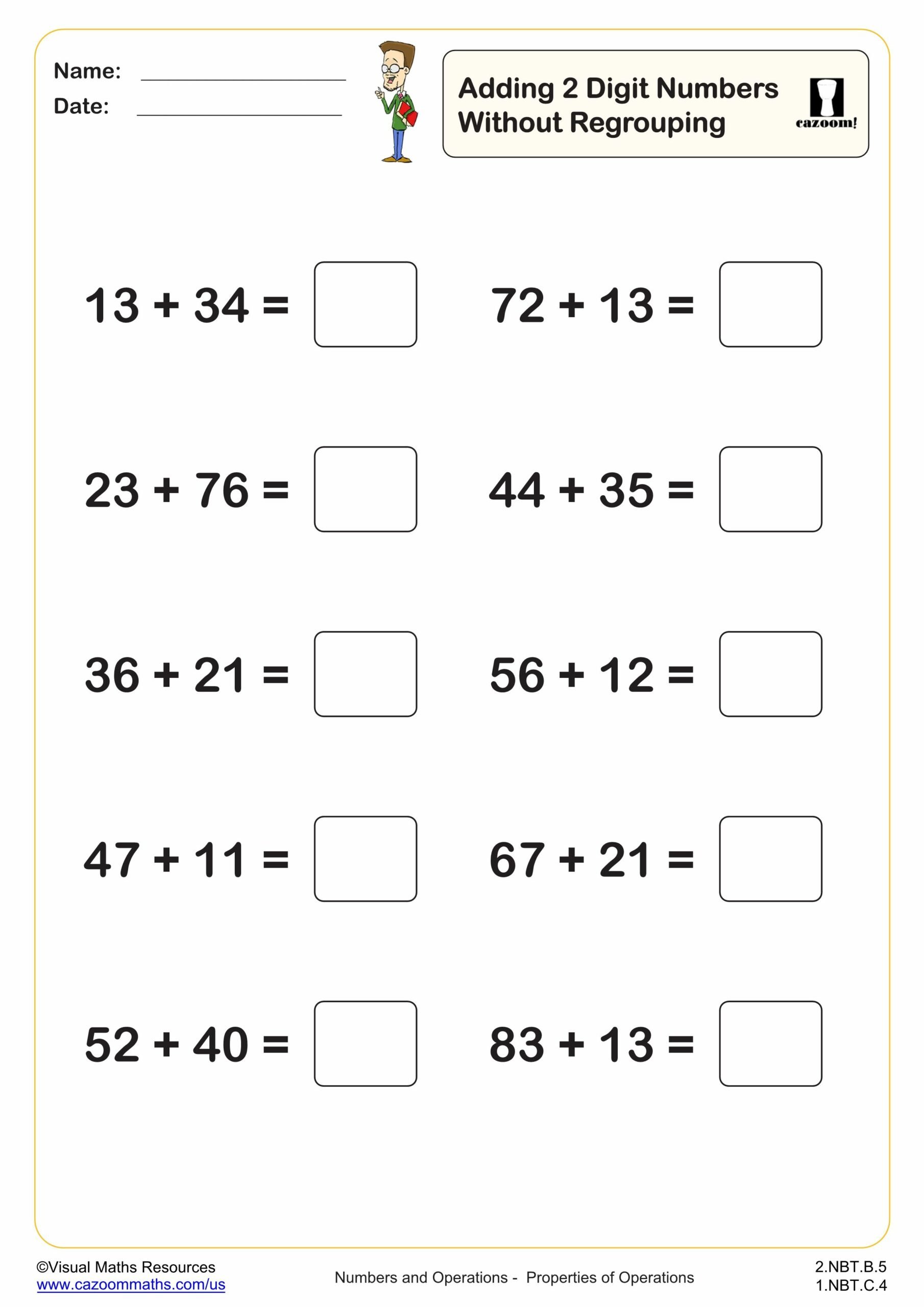 Adding 2 digit numbers without regrouping 10 questions 2nd Grade