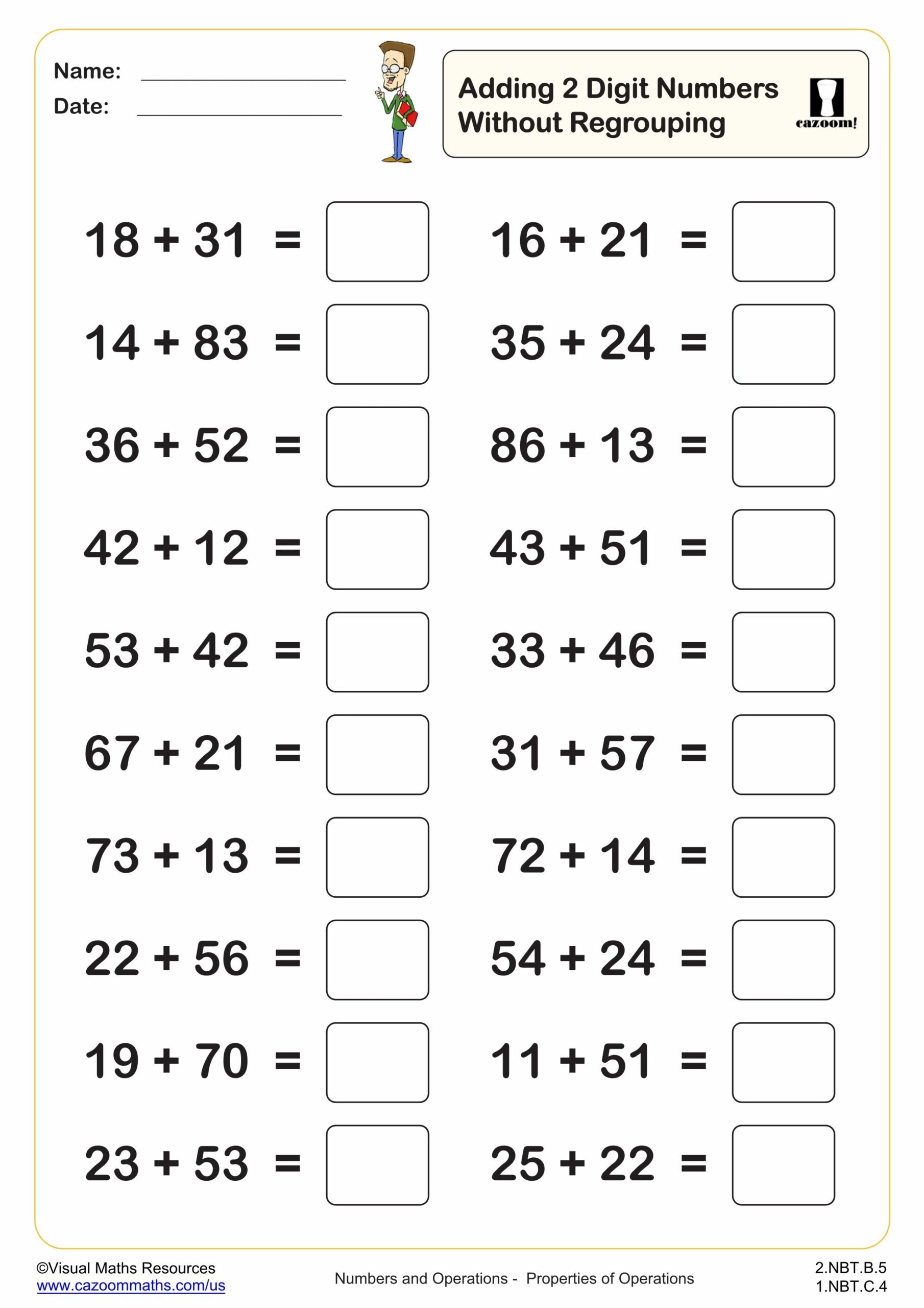 Adding 2 Digit Numbers Without Regrouping 20 questions Worksheet