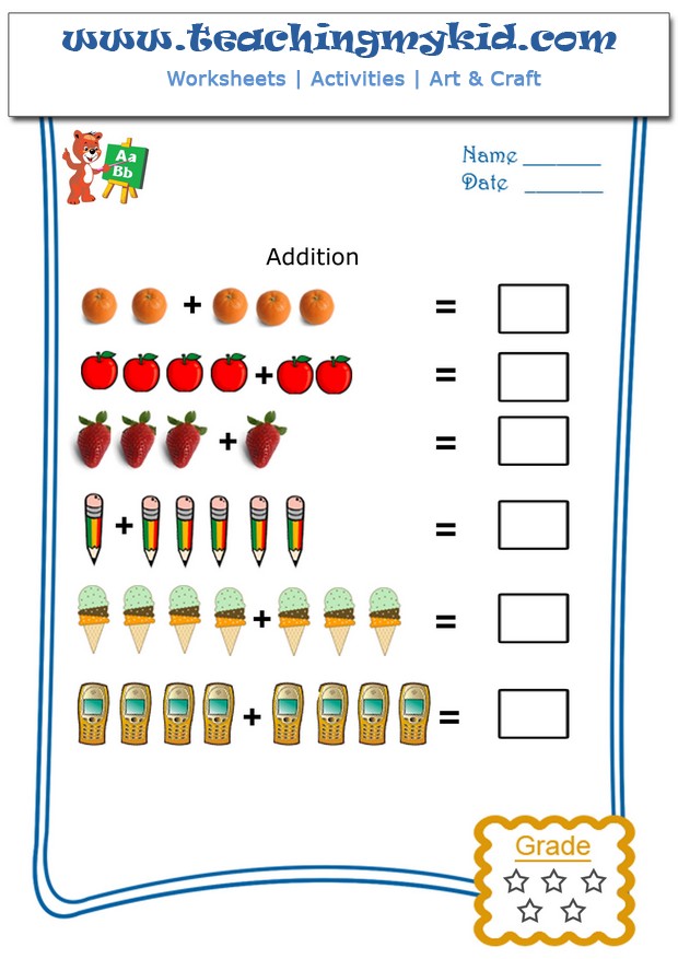 Printable kindergarten worksheets Pictorial Addition sheet 1